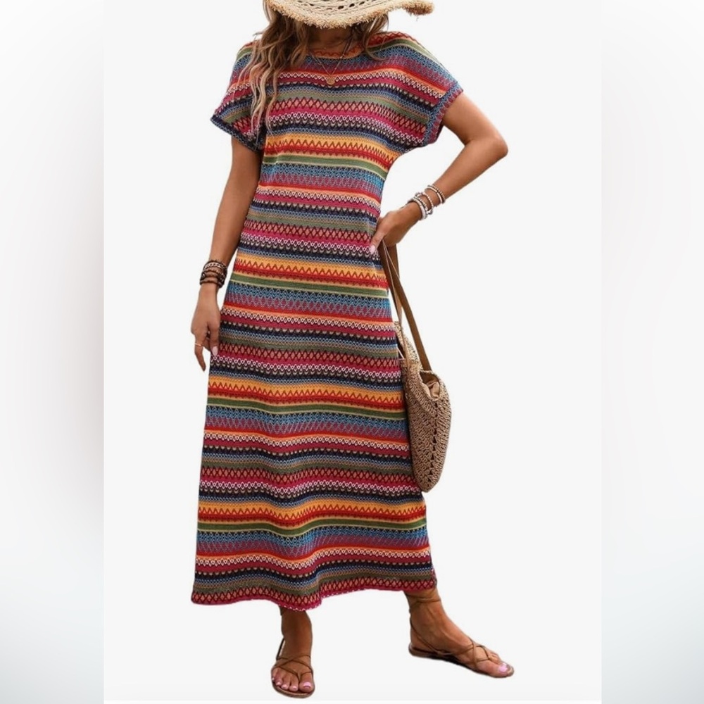 Colorful Boho crochet long dress. Size M. Cap sleeves